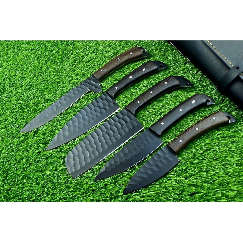 5 PCS Hand Forged Carbon Steel Chef Knife Set Powder Coated Black Blades Leather Storage Roll 3