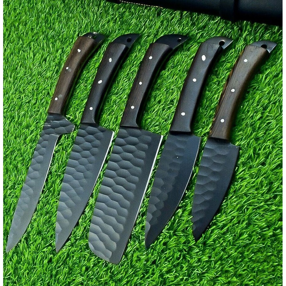 5 PCS Hand Forged Carbon Steel Chef Knife Set Powder Coated Black Blades Leather Storage Roll 0