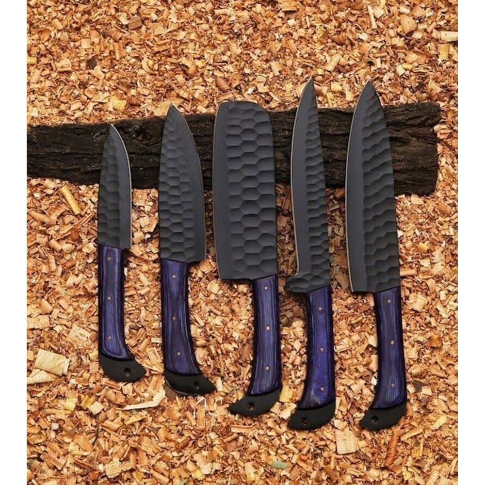 Premium PowderCoated Carbon Steel Chef Knife Set Handmade 5Piece Kitchen Knives With Leather Kit 1