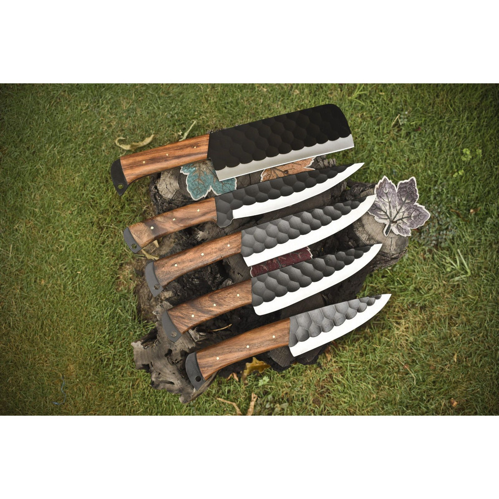 Handmade D2 Tool Steel Chef Knife Set Of 5 With Walnut Wood Handle Professional Kitchen Camping C