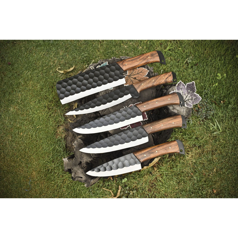 Handmade D2 Tool Steel Chef Knife Set Of 5 With Walnut Wood Handle Professional Kitchen Camping C