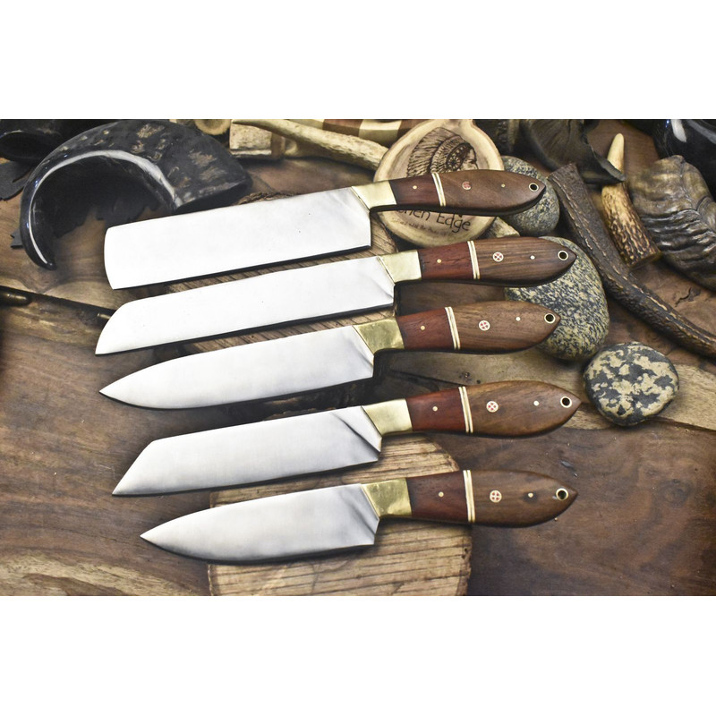 Forged D2 Tool Steel Chef Knife Set Of 5 With Walnut Wood Handle  Brass Bolster  Survival  Kitchen  0
