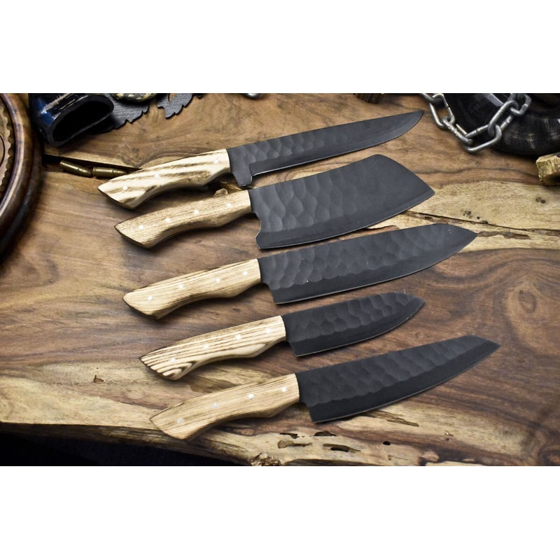 Artisan D2 Steel 5Piece Chef Knife Set Handmade Kitchen Knives Gift With Leather Bag 1