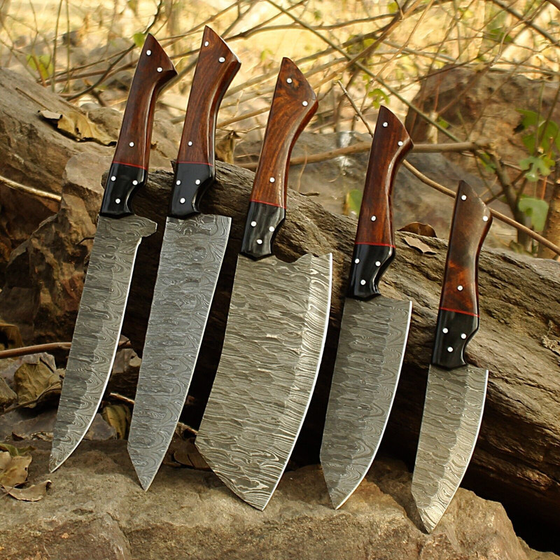 Custom 5 Pcs Handmade Damascus Forged Steel Chef Knife Set Professional Kitchen Knife Collection 0