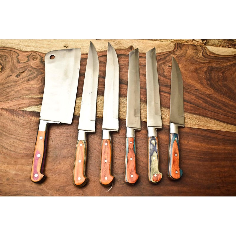 Rare Lot Of 6 Custom Handmade D2 Steel Kitchen Chef Knife Set Hard Wood Handle Razor Sharp Blades 1