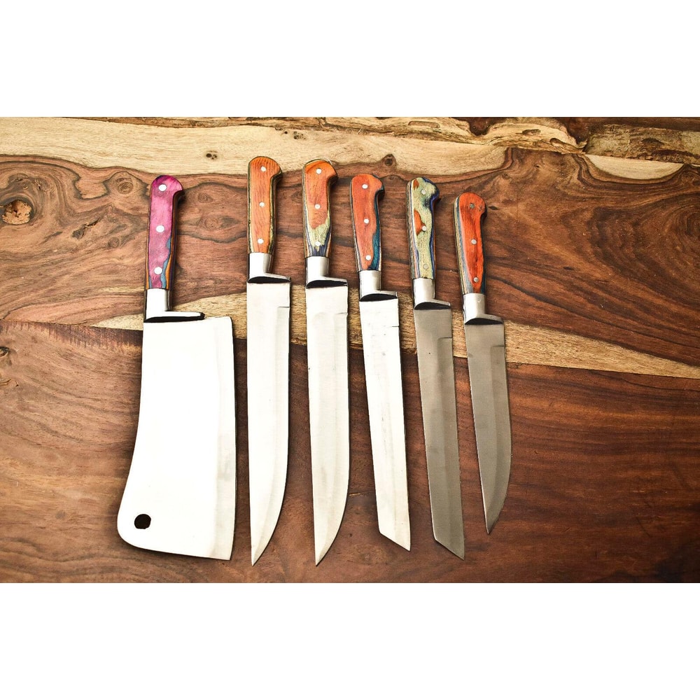 Rare Lot Of 6 Custom Handmade D2 Steel Kitchen Chef Knife Set Hard Wood Handle Razor Sharp Blades 0