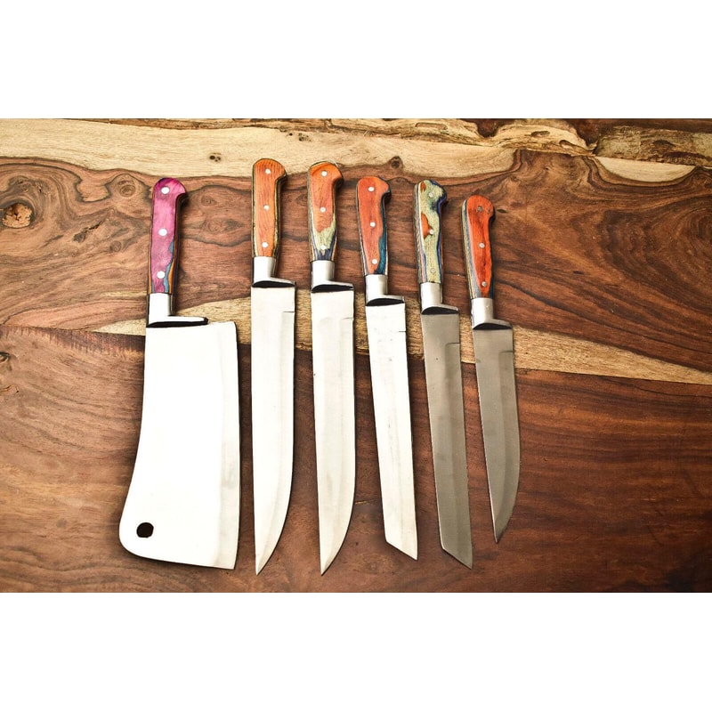 Rare Lot Of 6 Custom Handmade D2 Steel Kitchen Chef Knife Set Hard Wood Handle Razor Sharp Blades 0