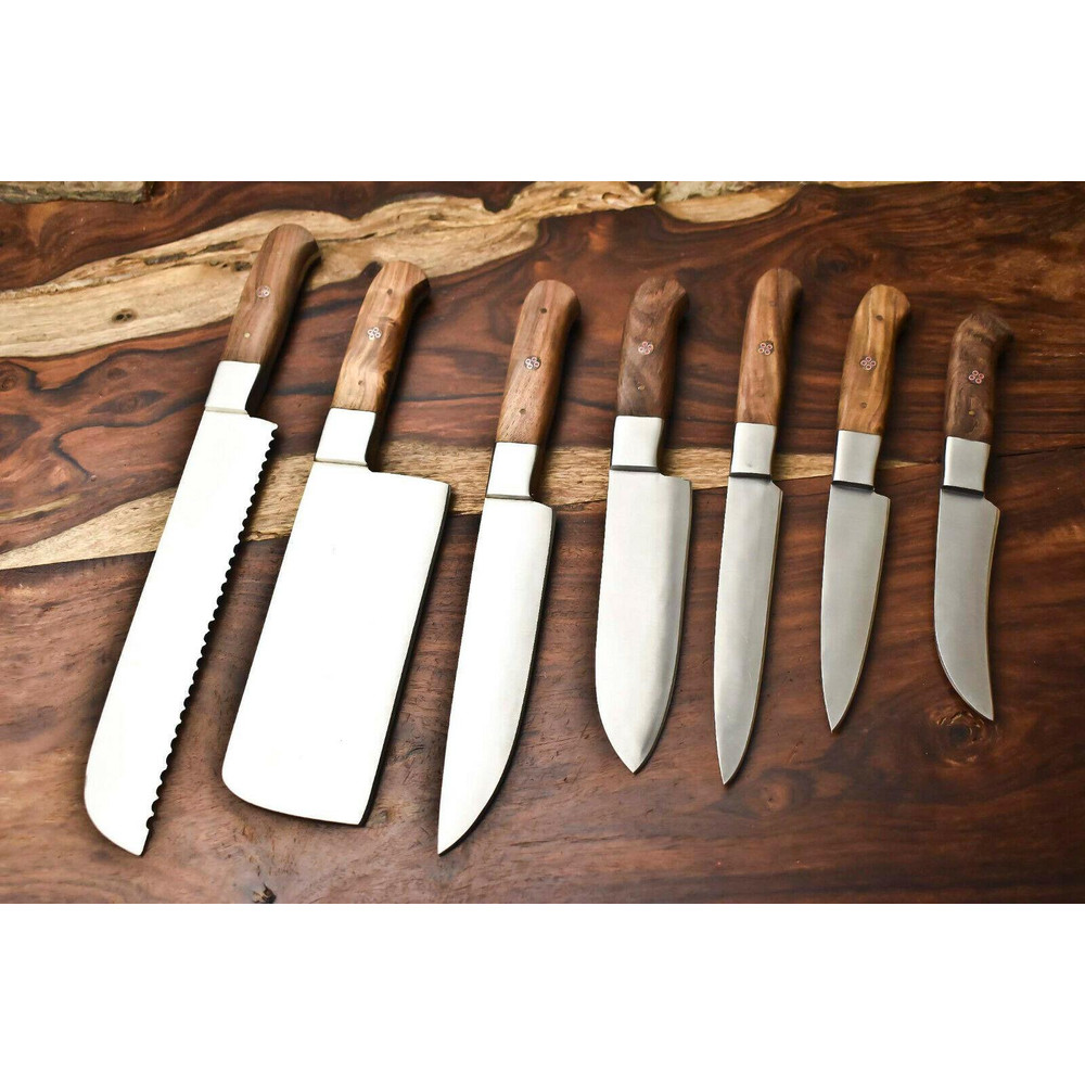 Lot Of 7 Hand Forged D2 Tool Steel Chef Knives Custom Kitchen Knife Set With Leather Roll 0
