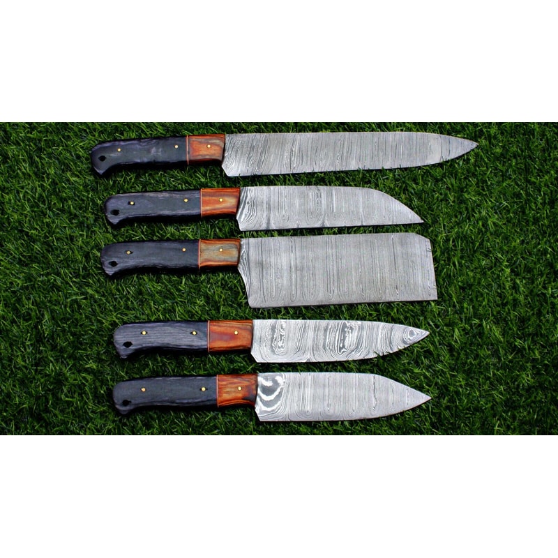 Luxury Damascus Steel 5Piece Chef Set Handcrafted Full Tang Kitchen Knives 0