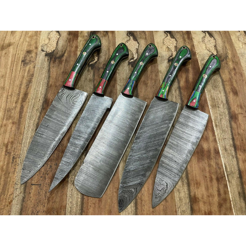Professional Custom 5PCS Damascus Steel Chef Knives  Handmade Kitchen Set 0