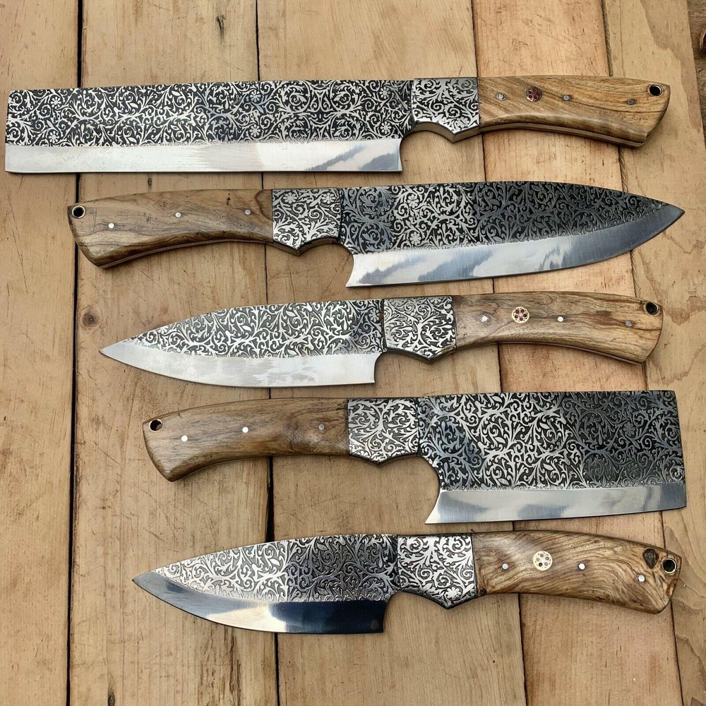 Handmade D2 Steel Etching Chef Knife Kitchen Set With Wood Handle Custom Forged High Carbon Steel 3