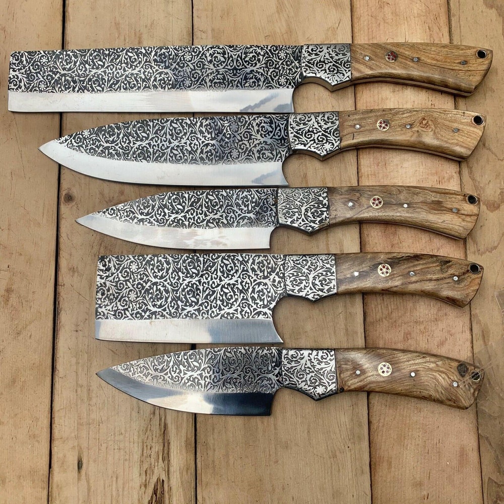 Handmade D2 Steel Etching Chef Knife Kitchen Set With Wood Handle Custom Forged High Carbon Steel 1