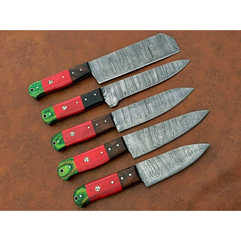Handmade Damascus Steel Chef Knife Set Of 5  Custom Kitchen Knives With Wood Handle  Premium Gift F 1