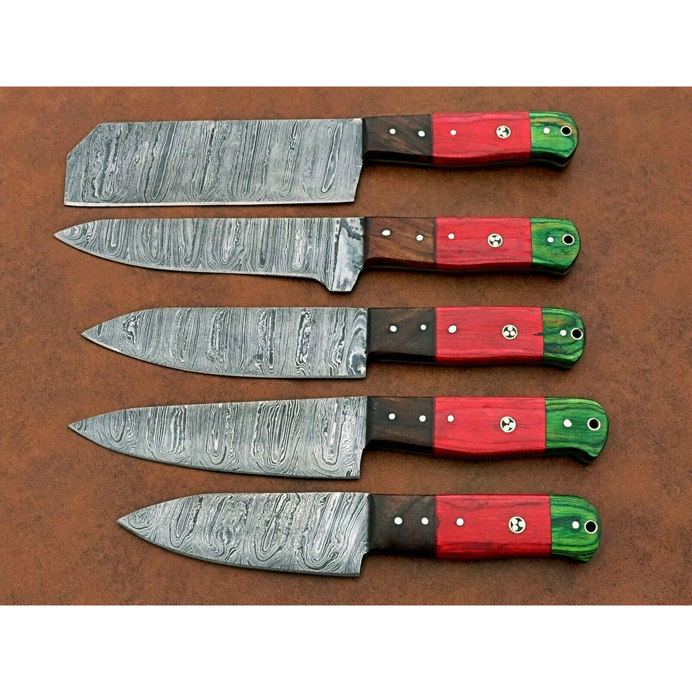 Handmade Damascus Steel Chef Knife Set Of 5  Custom Kitchen Knives With Wood Handle  Premium Gift F 2