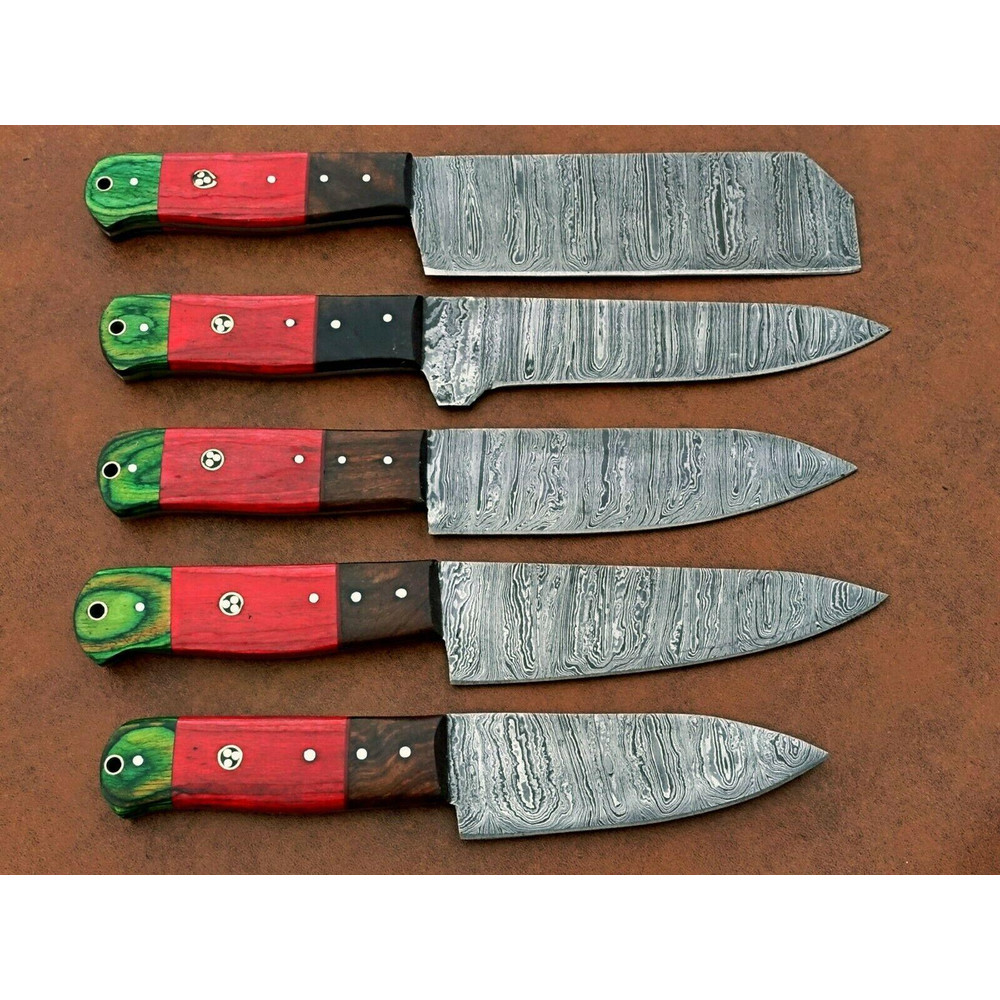 Handmade Damascus Steel Chef Knife Set Of 5  Custom Kitchen Knives With Wood Handle  Premium Gift F 3