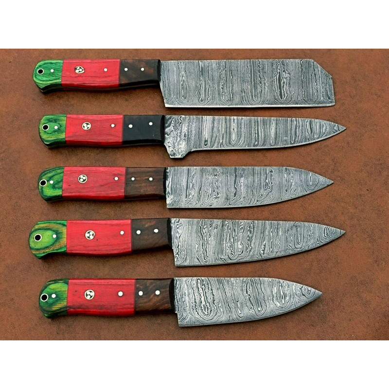 Handmade Damascus Steel Chef Knife Set Of 5  Custom Kitchen Knives With Wood Handle  Premium Gift F 3