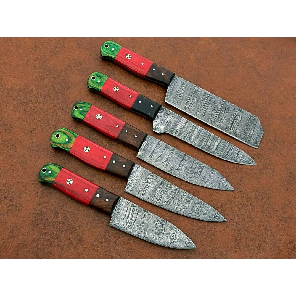 Handmade Damascus Steel Chef Knife Set Of 5  Custom Kitchen Knives With Wood Handle  Premium Gift F 0