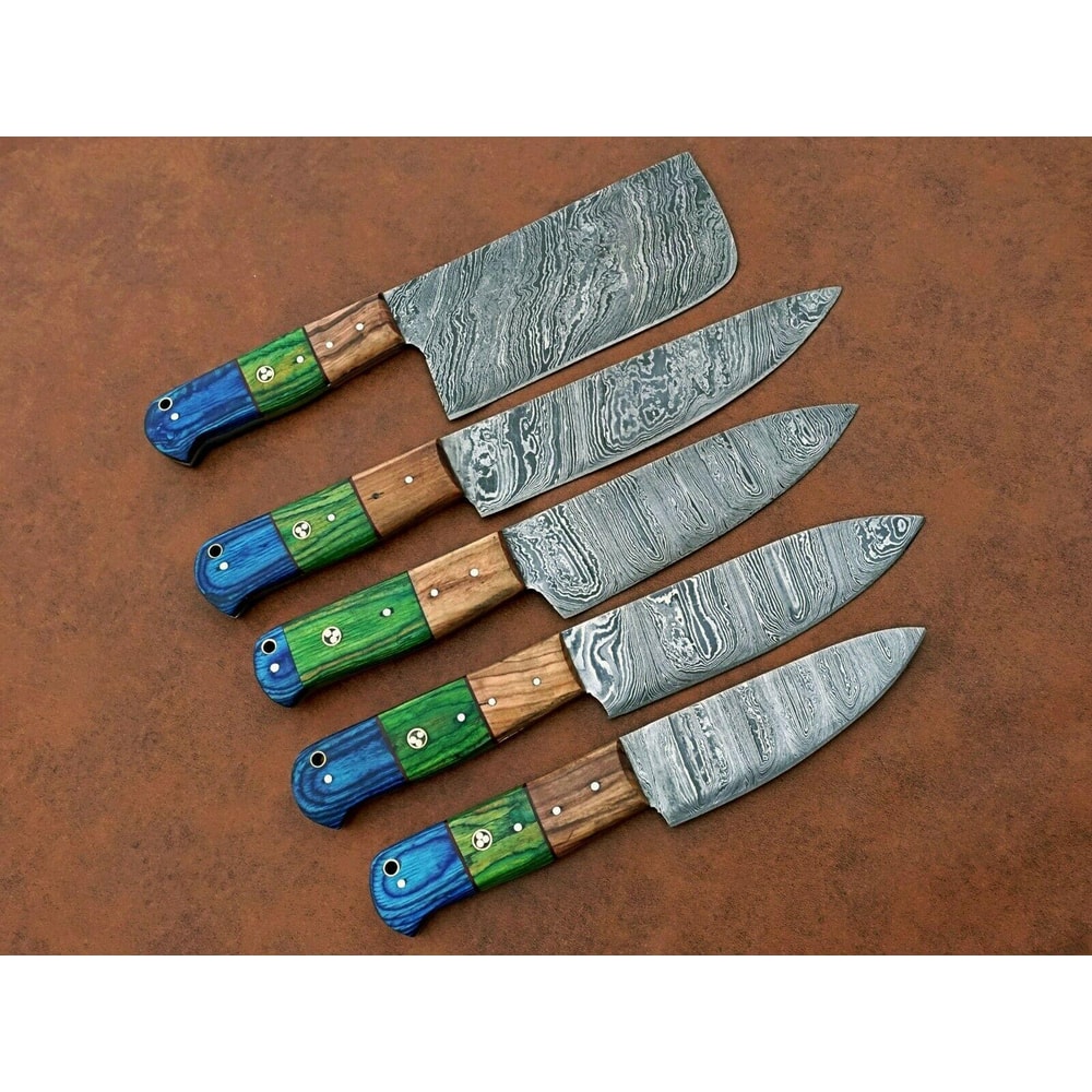 5 Pcs Forged Damascus Steel Kitchen Knife Set Handmade Chef Knives With Wood Handles 0