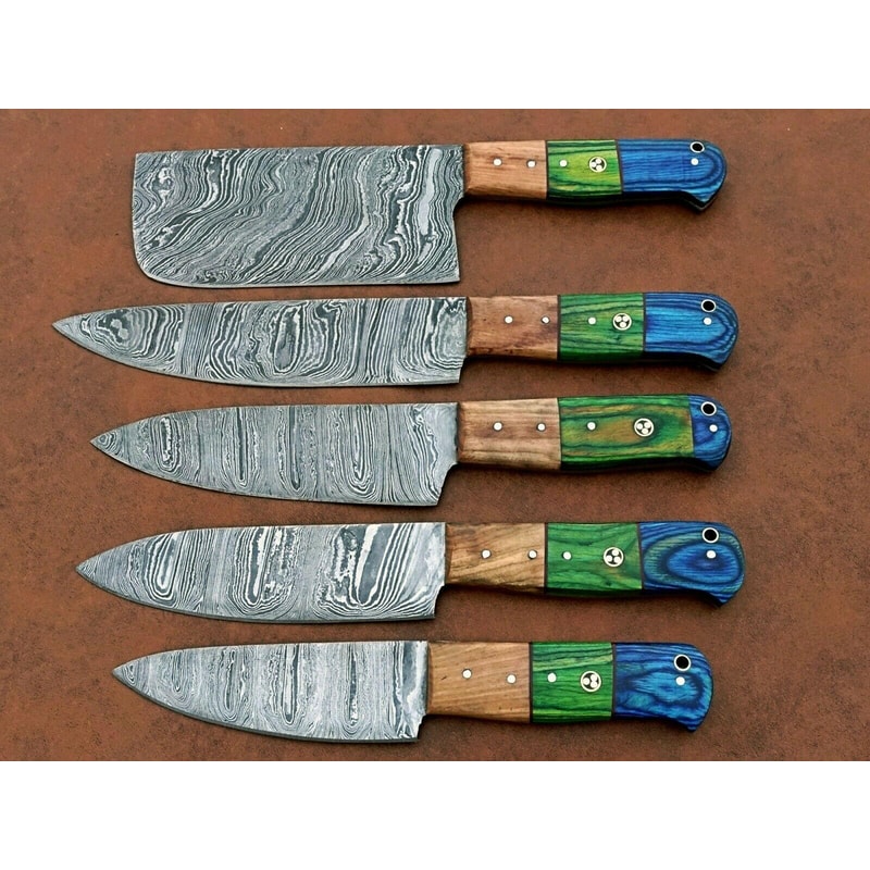 5 Pcs Forged Damascus Steel Kitchen Knife Set Handmade Chef Knives With Wood Handles 1
