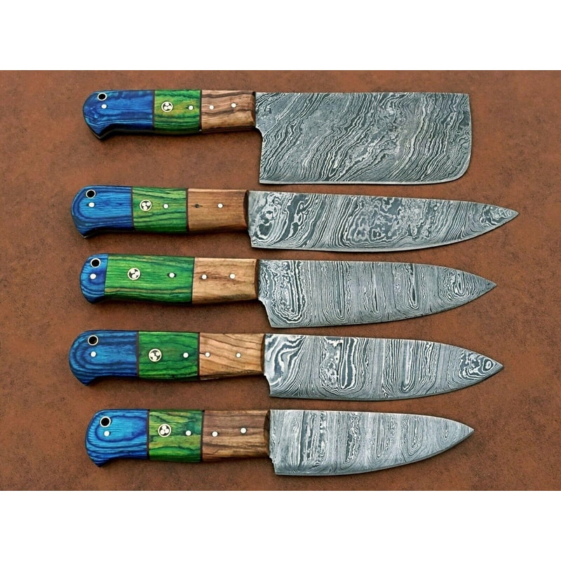 5 Pcs Forged Damascus Steel Kitchen Knife Set Handmade Chef Knives With Wood Handles 2