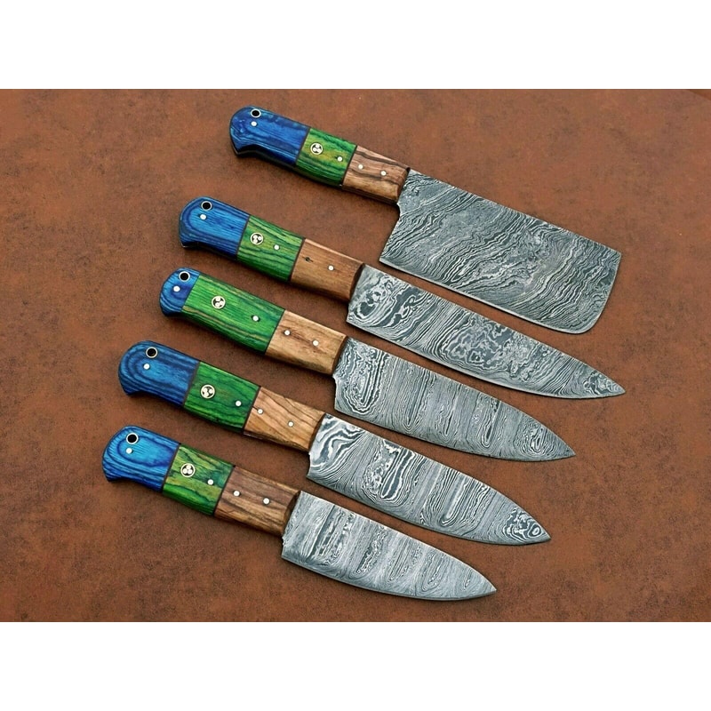 5 Pcs Forged Damascus Steel Kitchen Knife Set Handmade Chef Knives With Wood Handles 3