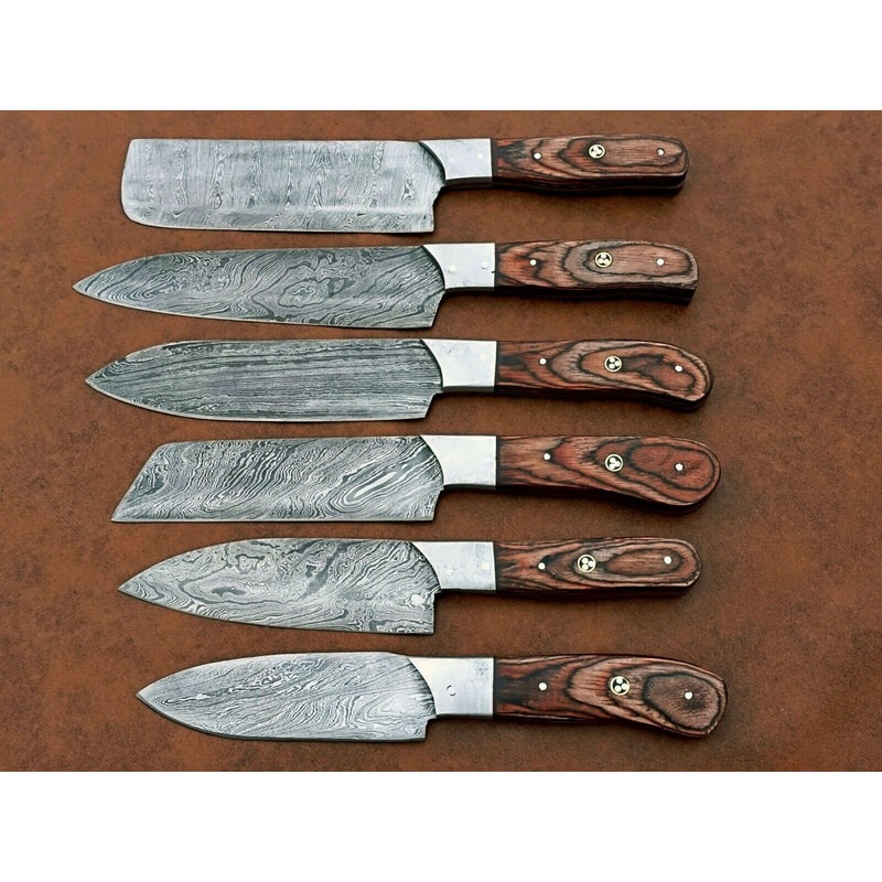 Artisan Damascus Chef Knife Set 6 Custom Handmade Knives With Elegant Wood Handles 2