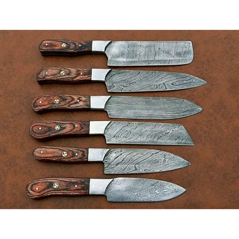 Artisan Damascus Chef Knife Set 6 Custom Handmade Knives With Elegant Wood Handles 3
