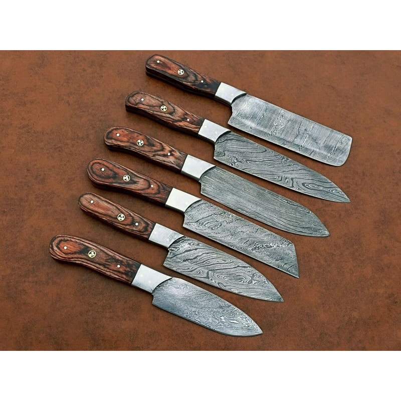 Artisan Damascus Chef Knife Set 6 Custom Handmade Knives With Elegant Wood Handles 0