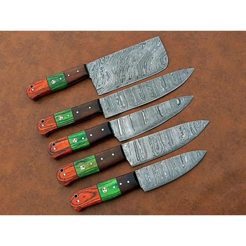 Forged Damascus Steel Kitchen Knives Set Custom Handmade Chef Knife Collection 5 Pcs 2