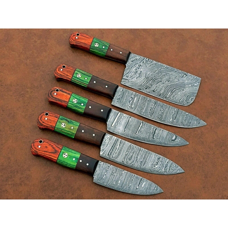 Forged Damascus Steel Kitchen Knives Set Custom Handmade Chef Knife Collection 5 Pcs 0