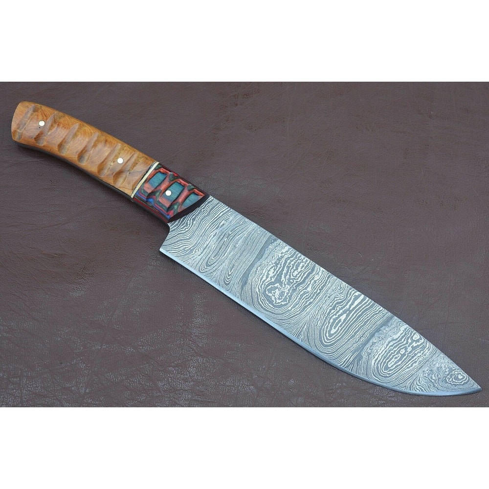 Elite Culinary Blade Full Tang Damascus Chef Knife Groov Dollar Wood Handle Design 1