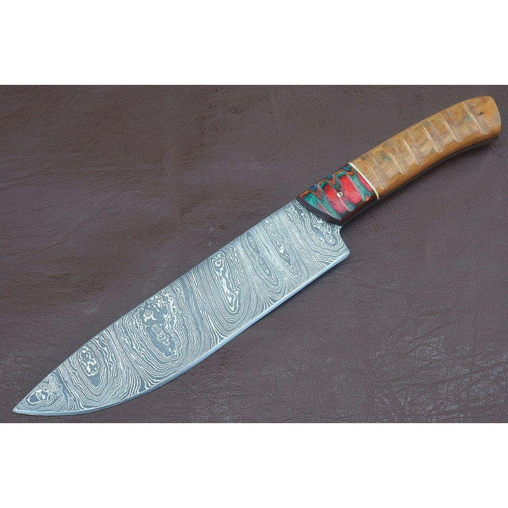 Elite Culinary Blade Full Tang Damascus Chef Knife Groov Dollar Wood Handle Design 0