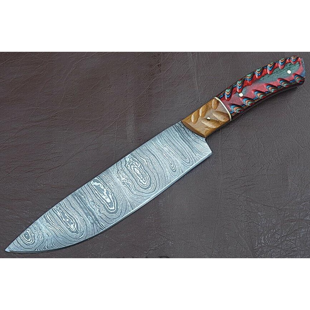 Luxury Handmade Damascus Chef Knife Groov Dollar Wood Handle Professional Kitchen Tool 0