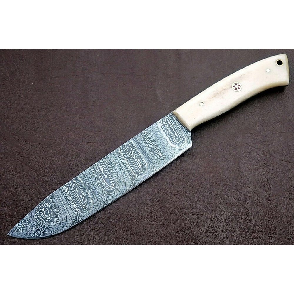 Handmade Full Tang Damascus Chef Knife With White Bone Handle Custom Kitchen Knife 0