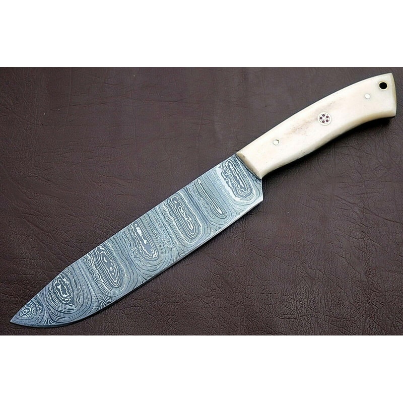 Handmade Full Tang Damascus Chef Knife With White Bone Handle Custom Kitchen Knife 0