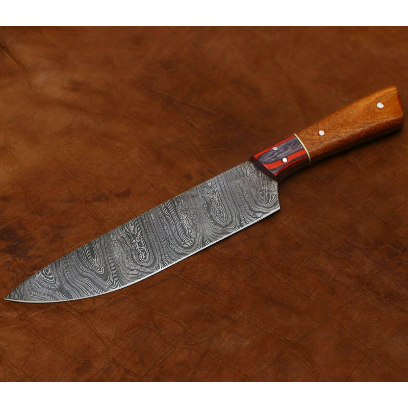 Custom Handmade Damascus Cooking Knife Full Tang Blade With Rose Wood Handle 3
