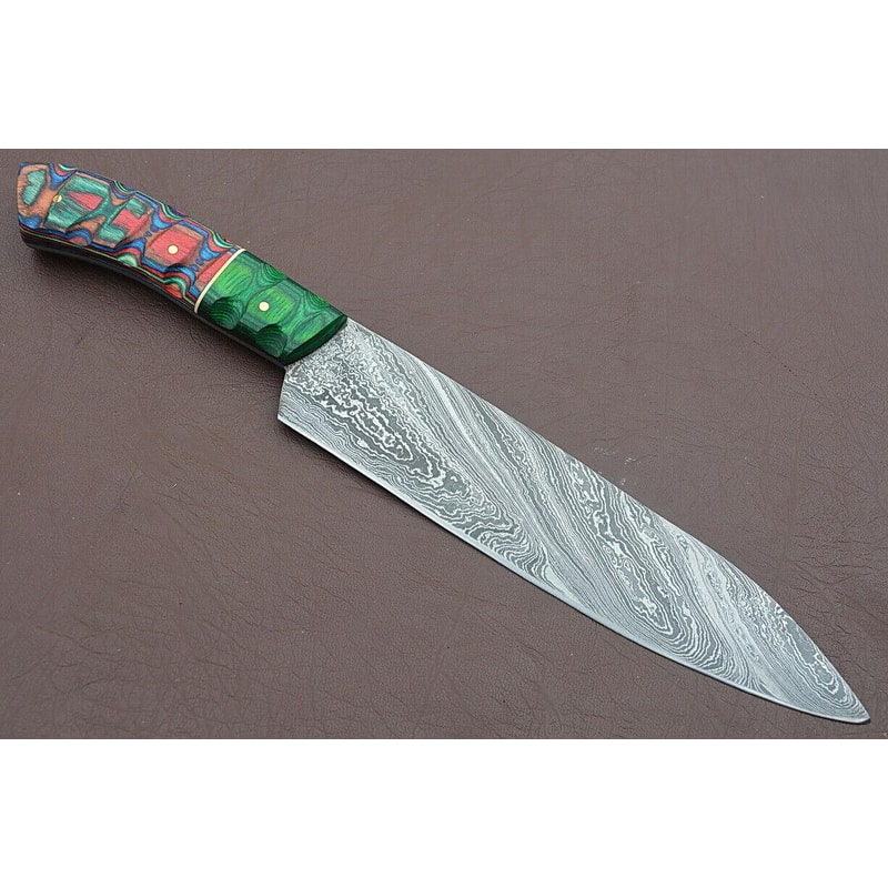 12 Inch Handmade Damascus Chef Knife Groov Dollar Wood Handle Full Tang Kitchen Blade 0