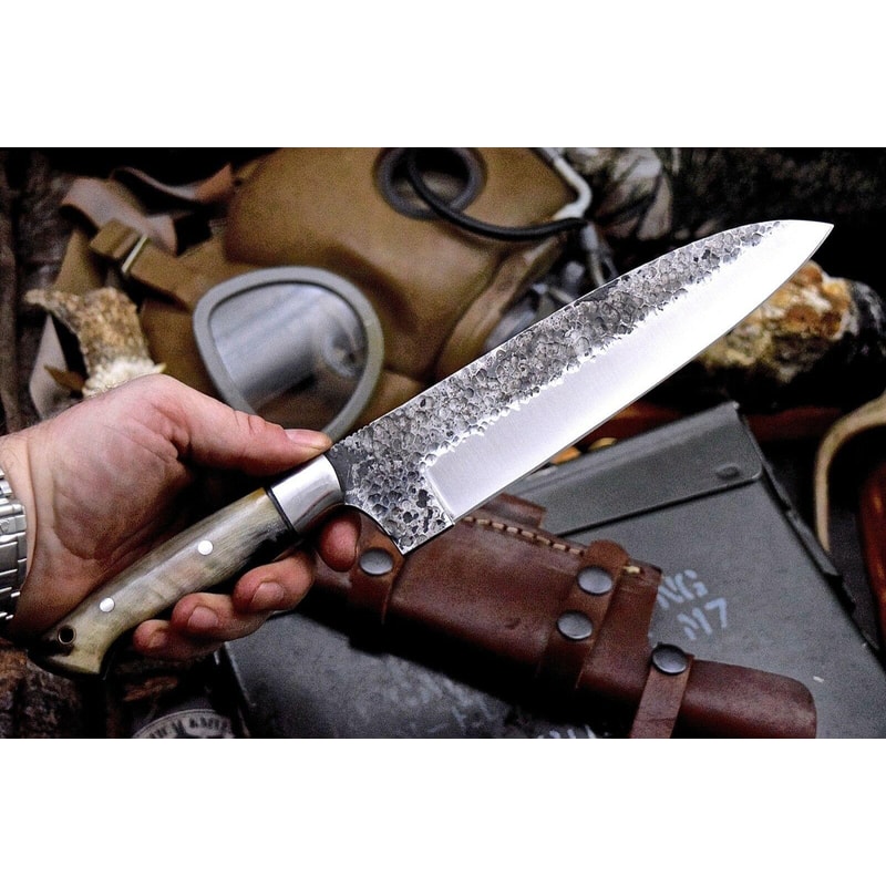 Custom Handmade Hammered D2 Buffalo Horn Large 7Inch Camp Chef Hunter Knife With Leather Sheath 1