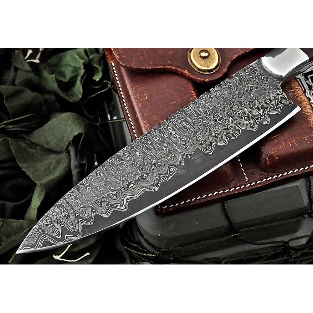 Custom Forged Damascus Kitchen Knife Zebrawood Handle Handcrafted 1