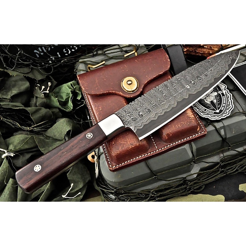 Custom Forged Damascus Kitchen Knife Zebrawood Handle Handcrafted 0