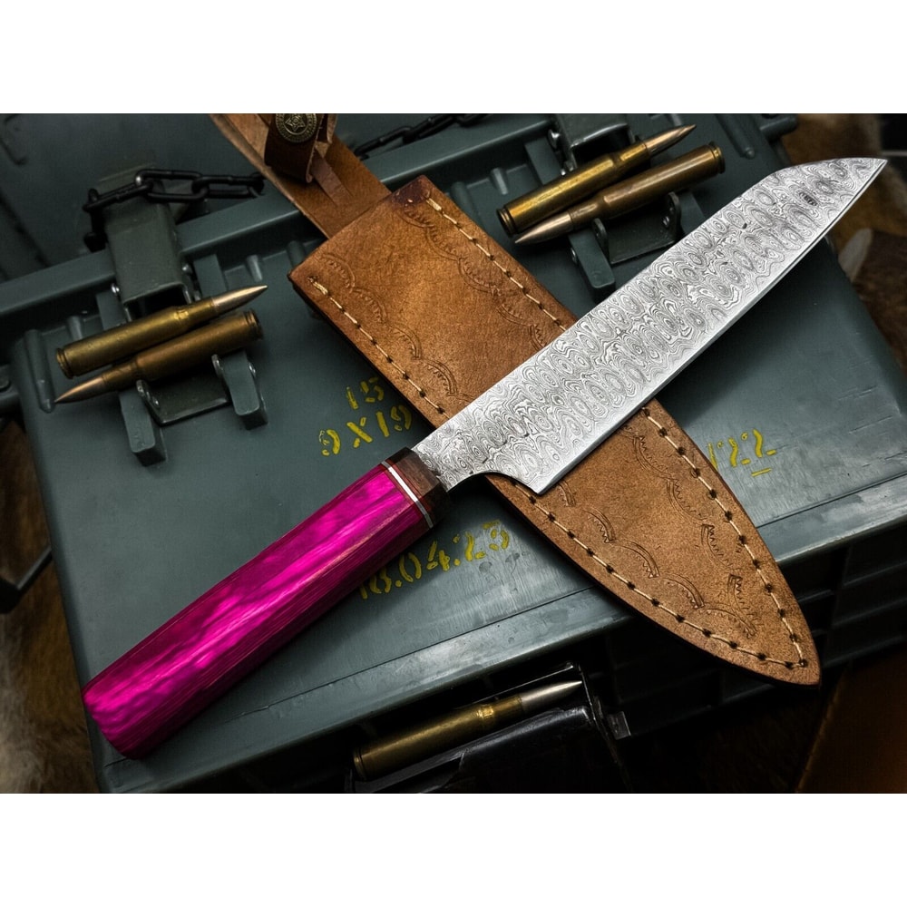 Handmade Damascus Steel Kitchen Chef Knife With Wooden Handle Leather Sheath Premium Cutting 1