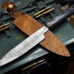 premium handmade damascus steel chef knife with wooden handle & leather sheath
