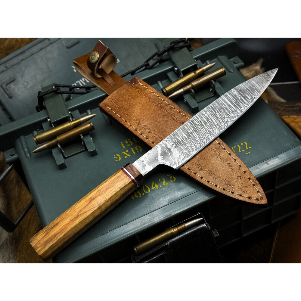 Hand Forged Damascus Steel Kitchen Knife Full Tang Wooden Handle Chef Blade 3