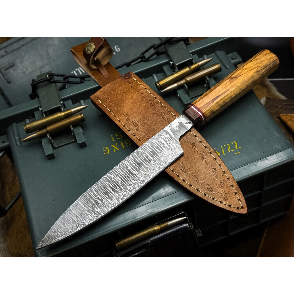 Hand Forged Damascus Steel Kitchen Knife Full Tang Wooden Handle Chef Blade 0