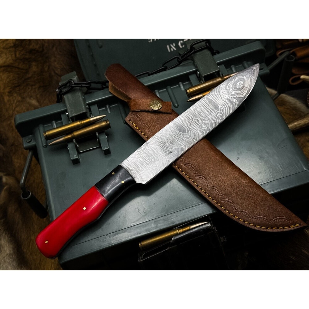 Handmade Damascus Steel Kitchen Chef Knife With Resin Handle Leather Sheath Premium Cutting 3