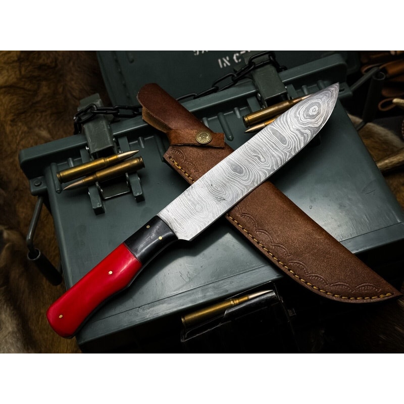 Handmade Damascus Steel Kitchen Chef Knife With Resin Handle Leather Sheath Premium Cutting 3