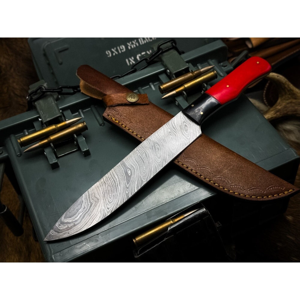 Handmade Damascus Steel Kitchen Chef Knife With Resin Handle Leather Sheath Premium Cutting 2