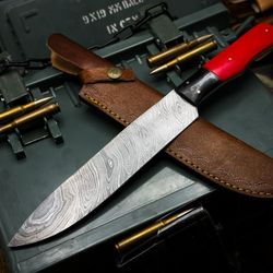 handmade damascus steel kitchen chef knife with resin handle & leather sheath – premium cutting