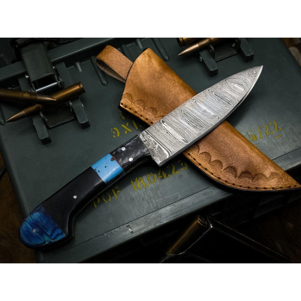 Damascus Steel Kitchen Chef Knife With Resin Handle Leather Sheath Premium Cutting 3