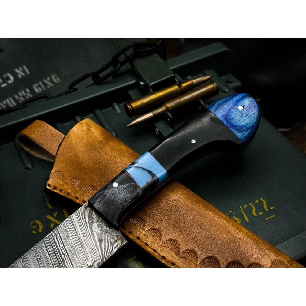 Damascus Steel Kitchen Chef Knife With Resin Handle Leather Sheath Premium Cutting 1